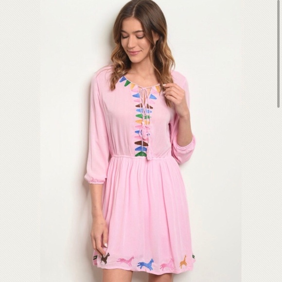 Pink off shoulder embroidered tunic dress - Picture 2 of 5